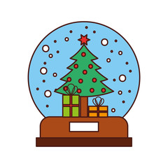 snow globe and christmas fir tree decorated with star balls and gifts box