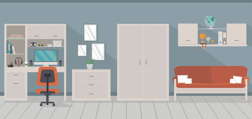 Modern room interior design with trendy workspace, sofa, cupboard and chest of drawers in flat style. Home furniture. Vector illustration.