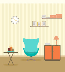 Interior design in flat style of living room with furniture, armchair, table, bookshelf, flower, lamp and clock.
