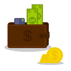 Paper money and bank card in brown purse and gold coins heap. Currency objects isolated on a white background.