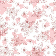 Apple flower blossom hand drawn isolated on white background, seamless vector floral pattern, pink sakura outline art for greeting card, package design cosmetics, wedding invitation, wallpaper beauty