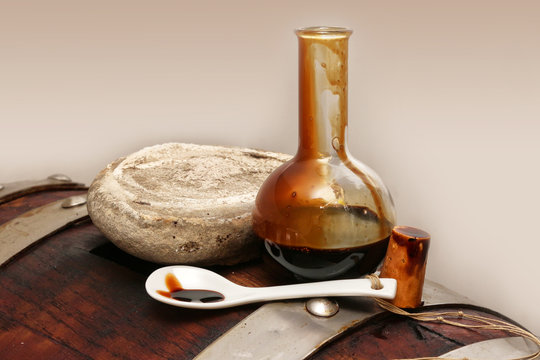 Balsamic vinegar of Modena, Italy, glass bottle containing special sweetening Modena
