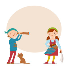 Little boy and girl dressed as pirates with cat, spy glass, sword and round place for text, cartoon vector illustration isolated on white background. Kids, boy and girl, dressed as pirates