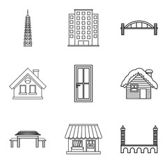 Obraz premium Urban edifice icons set, outline style