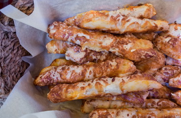 Handmade cheese bread sticks sold at local city farmers market