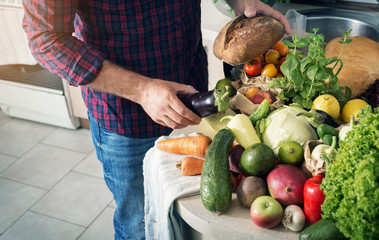 Set of healthy food in home kitchen