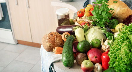 Set of healthy different food in the home kitchen