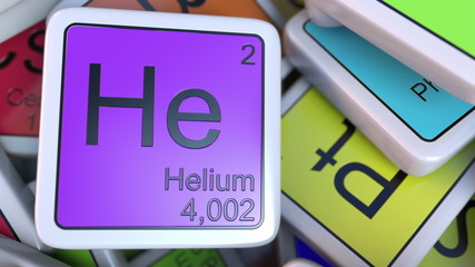 Helium block on the pile of periodic table of the chemical elements blocks. Chemistry related 3D rendering