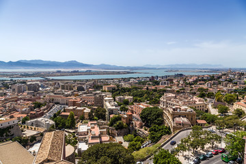 Fototapeta na wymiar Cagliari, Sardinia, Italy. A picturesque view of the city and the surrounding area from the tower of San Pancrazio