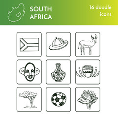Hand drawn South Africa travel set with icons Vector isolated illustration on white background doodle sketch