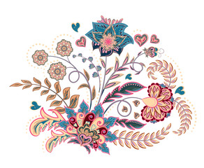 Embroidery stitches with fantasy flowers in pastel color. Vector fashion ornament on white background for fabric traditional eastern floral decoration. Vector