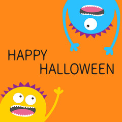 Two screaming monster head silhouette set. Hanging upside down. Eyes, teeth, tongue, hands. Funny Cute cartoon character. Baby collection. Happy Halloween card. Flat design. Orange background.