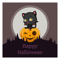Cute black cat sitting on a Halloween pumpkin