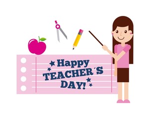 happy teacher day card cute girl standing with supplies vector illustration