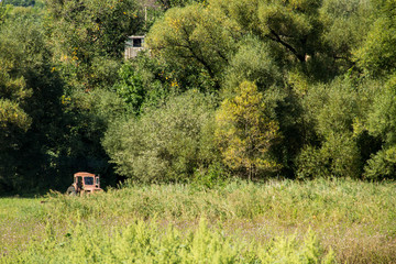 Old red tractor haying in a meadow