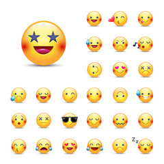 Smileys vector icon set. Emoticons pack. Happy, merry, singing, sleeping, ninja, crying, eyes in the form of stars, in love and other round yellow emoji face. Large collection of smiles