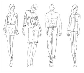 SKETCH. Fashion girls and man on a white background.
