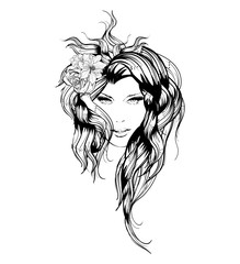 Sketch. Summer Style. Girl with flowers in her hair