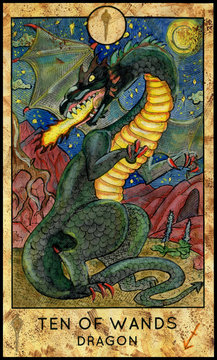 Dragon. Minor Arcana Tarot Card. Ten of Wands