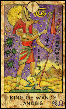 Anubis. Minor Arcana Tarot Card. King of Wands
