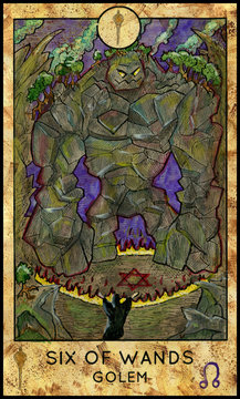 Golem monster. Minor Arcana Tarot Card. Six of Wands