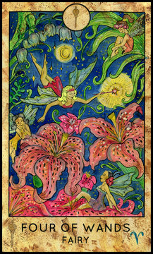 Flower fairies. Minor Arcana Tarot Card. Four of Wands