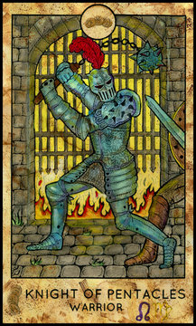 Medieval warrior. Minor Arcana Tarot Card. Knight of Pentacles
