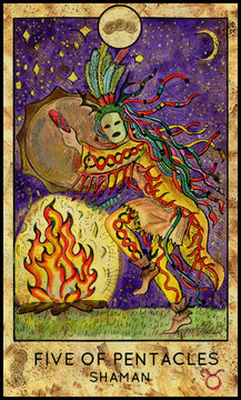 Shaman or warlock. Minor Arcana Tarot Card. Five of Pentacles