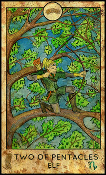 Elf. Minor Arcana Tarot Card. Two of Pentacles