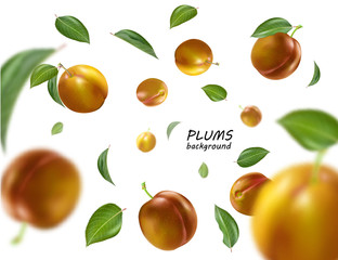 Ripe plums with leaves on white background. Flying yellow plums. Quality realistic vector.