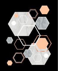 Obraz na płótnie Canvas Black background with marble rose gold hexagons. Geometric print for your card, template, business, brochure. Trendy poster for textile, fabric, web, wallpaper, poster, home design, office design