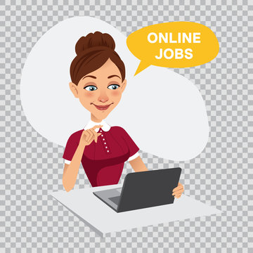 Woman is searching job. Online recruitment service. ONLINE JOBS. Illustration on transparent background.