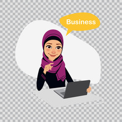 Arab business woman sitting at table in office and working on laptop. Business illustration on transparent background