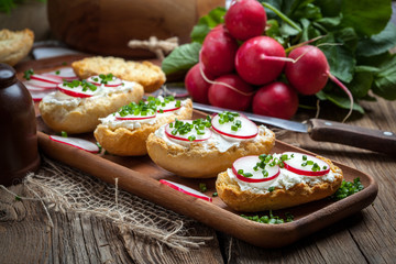 Toasts with radish, chives and cottage cheese.