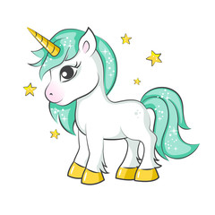 Cute magical unicorn. Vector design on white background. Print for t-shirt or sticker. Romantic hand drawing illustration for children. - 174182581