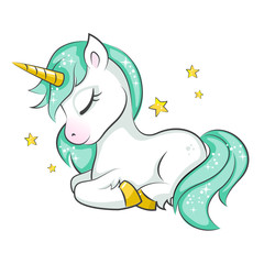 Cute magical unicorn. Vector design on white background. Print for t-shirt or sticker. Romantic hand drawing illustration for children. - 174182599