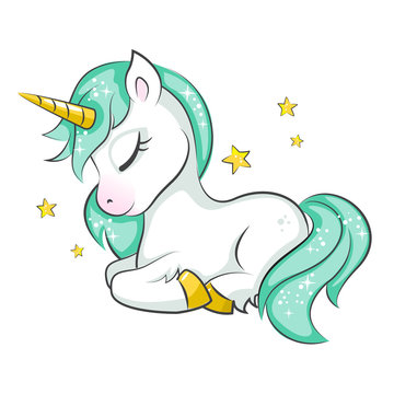 Cute magical unicorn. Vector design on white background. Print for t-shirt or sticker. Romantic hand drawing illustration for children.