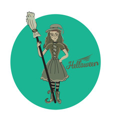 Cute little witch , cartoon magic Halloween young girl, character costume hat, vector illustration.