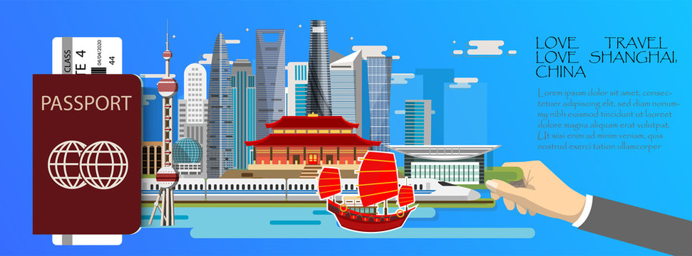 Travel infographic .Shanghai  infographic , passport  with landmarks of China.