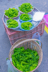 The soft focus of Spirogyra, Chlorophyta, fragmentation, algae, spirogyra food for fish, Thailand herb, local food sold at local market in Thailand.
