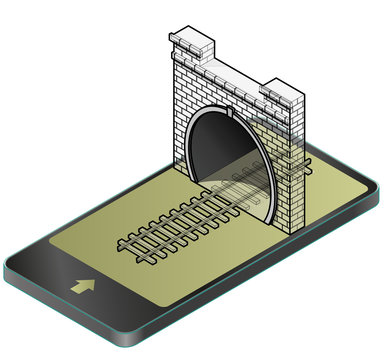 Outlined vector low poly stone tunnel with railway in mobile phone, isometric perspective. Old stone gray circular tunnel in communication technology. Isolated railroad illustration, white background.