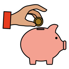 hand human with piggy savings isolated icon vector illustration design