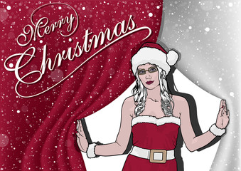 Merry Christmas Greeting with Young Woman In Santa Claus Clothes - Illustration, Vector