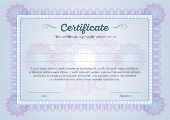 Certificate. Guilloche. Water marks. Patterns for a certificate or diploma. Cololr wavy patterns on a light blue background.