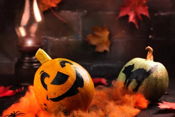 Foto op Plexiglas Happy Halloween holiday background with funny pumpkin and autumn leaves. Space for text © happy_lark
