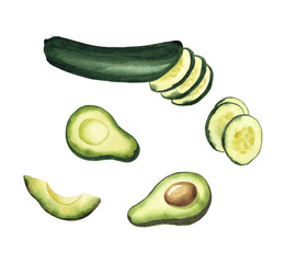 zucchini and avocado slices, watercolor hand drawn illustration isolated on white, for market poster, recipe design, menu, cookbook