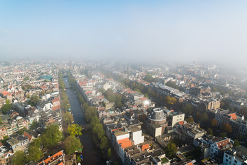 Fototapeta na wymiar Foggy Amsterdam, view from above