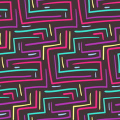 Abstract tribal colorful stairs and angle lines on dark violet background seamless pattern. Fashion trendy vector texture with hand drawn lines for textile, wrapping paper, cover, surface, wallpaper