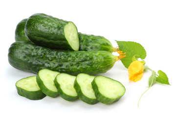 cucumber with sliced cucumber and leaf isolated on white background