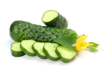 cucumber with sliced cucumber and leaf isolated on white background